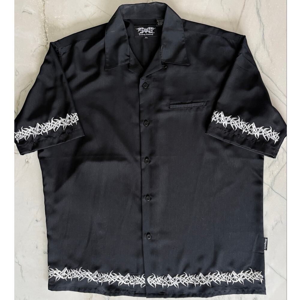 Vintage Y2K Short Sleeve Black Collar Dragonfly Tribal Embroidery Shirt Men XL